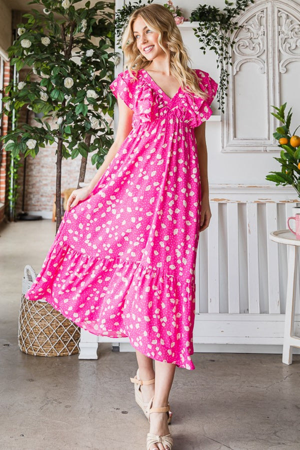 Reborn J Printed V-Neck Ruffle Trim Tiered Midi Dress-0
