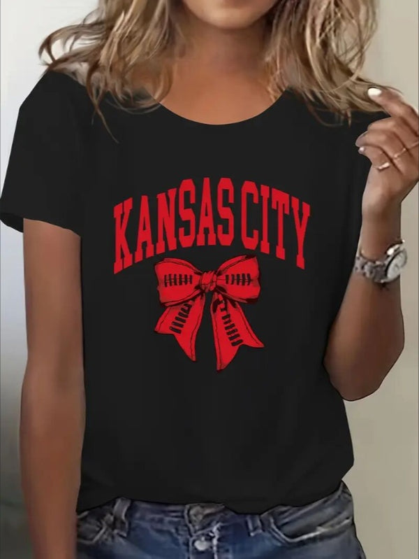 KC, Football Graphic Print T-Shirt - Crew Neck, A Comfortable Women's Short-sleeved Crew Neck T-shirt For Everyday Wear And Stylish Layering