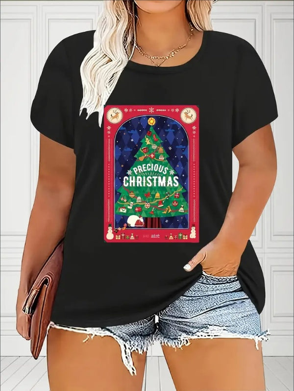 Family Christmas Pattern T-shirts, Fashionable Round Neck, Ladies' Large Size Casual Round Neck Short Sleeves