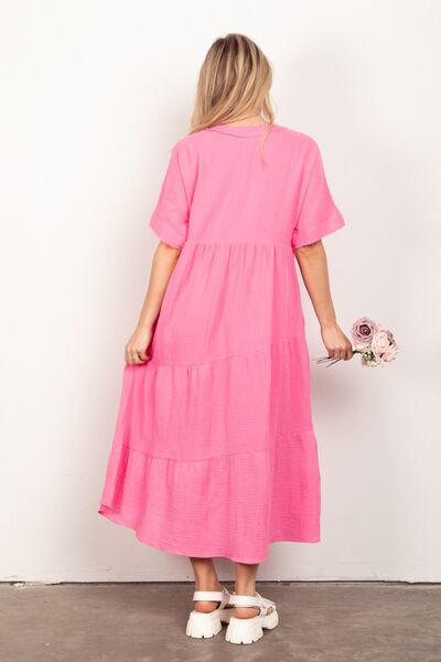 VERY J Soft Crinkle Gauze Short Sleeve Midi Dress-1