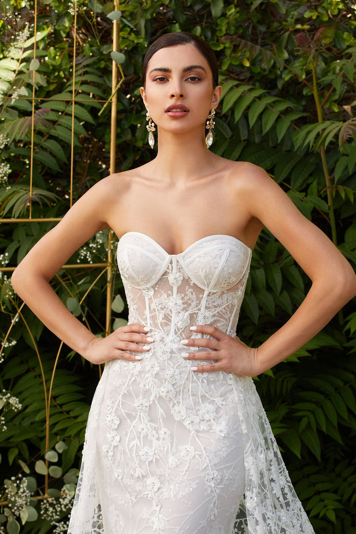 Fitted Overskirt Sheer Embellished Floral Corset Mermaid Long Bridal Dress CDCB046W-4