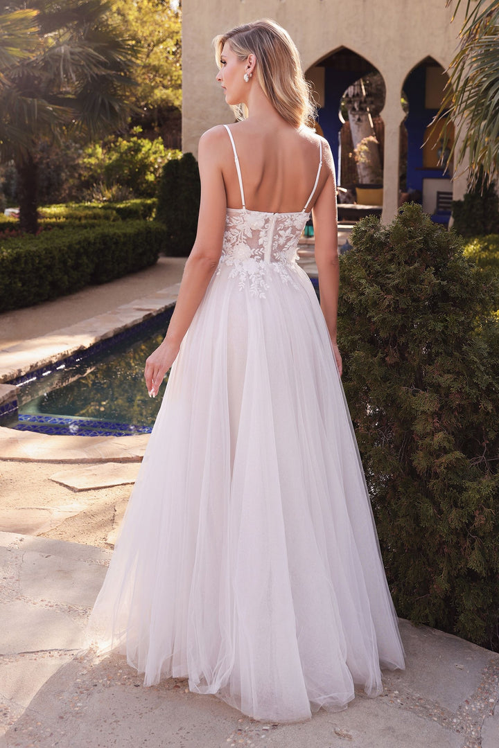 Layered A-Line Tulle Laced Mid Open Back V-neck Floral Bodice Long Bridal & Wedding Dress CDCB072W-2