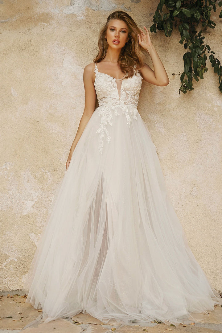 Layered A-Line Tulle Laced Mid Open Back V-neck Floral Bodice Long Bridal & Wedding Dress CDCB072W-4