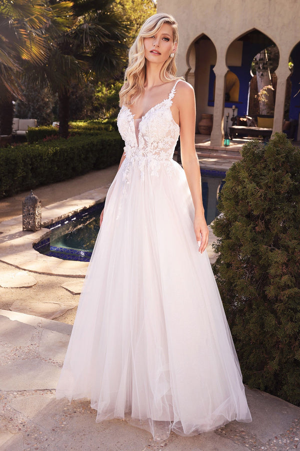 Layered A-Line Tulle Laced Mid Open Back V-neck Floral Bodice Long Bridal & Wedding Dress CDCB072W-0