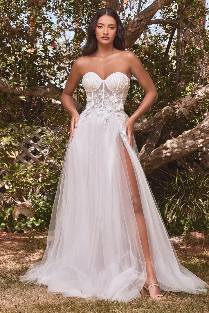 Strapless Floral Removable Puff Sleeves Open Back Sweetheart Long Wedding Dress CDCB080W-2