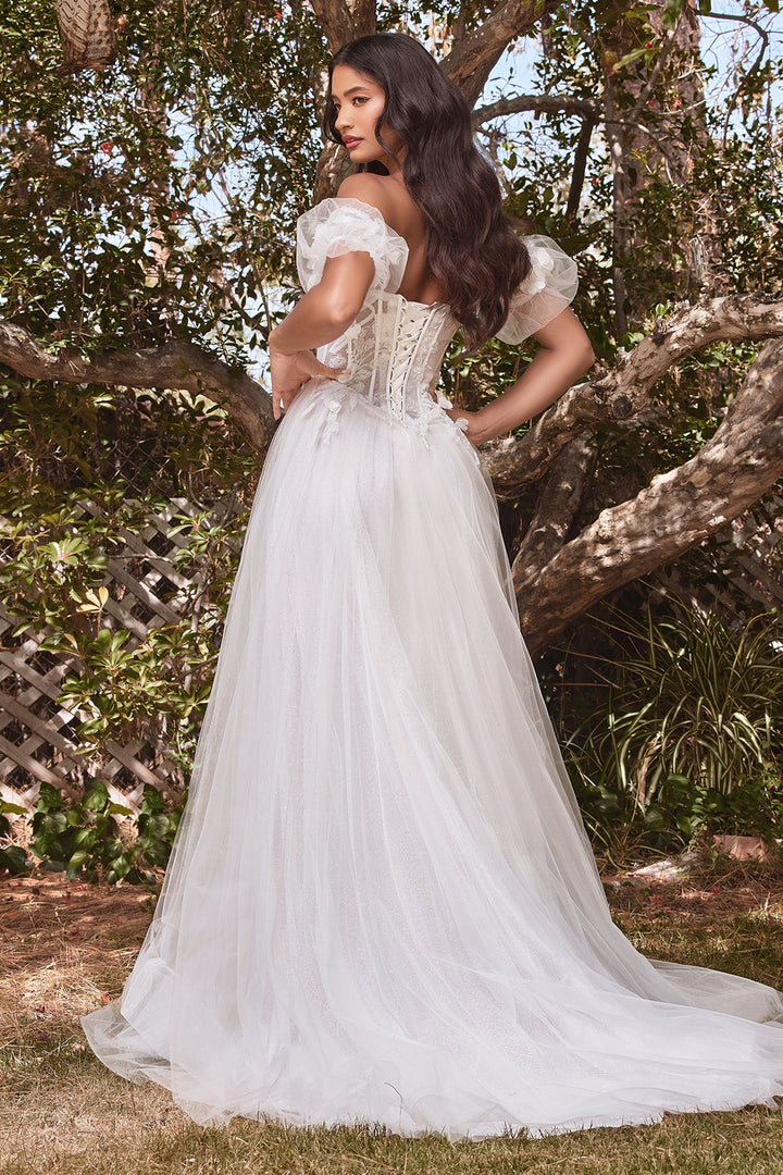 Strapless Floral Removable Puff Sleeves Open Back Sweetheart Long Wedding Dress CDCB080W-1
