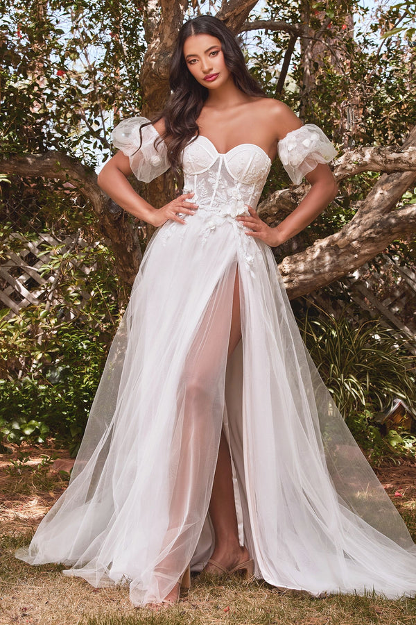 Strapless Floral Removable Puff Sleeves Open Back Sweetheart Long Wedding Dress CDCB080W-0