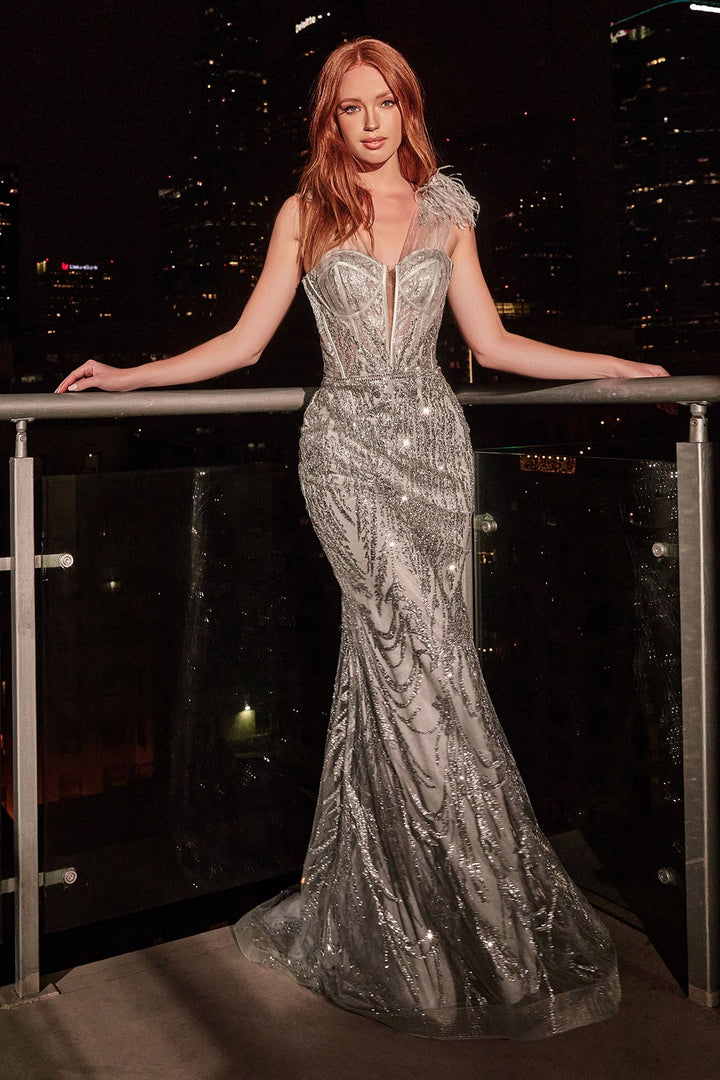 Fitted Glitter Feather Mermaid Sequin Embroidered Skirt Long Prom & Ball Dress CDCB087-3