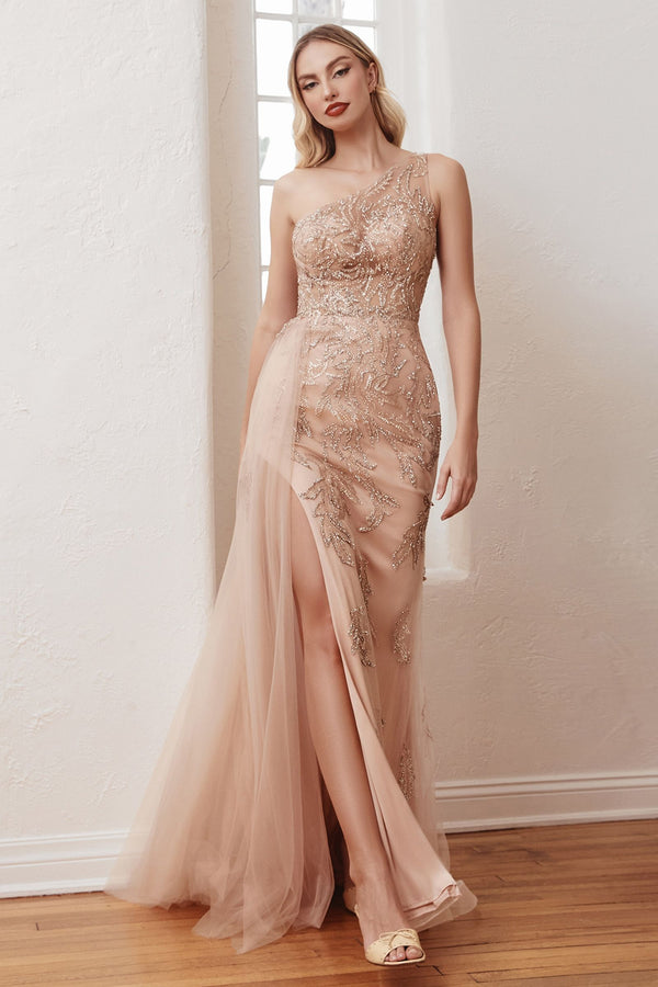 One Shoulder Embellished Bodice Mermaid Tulle Overskirt Leg Slit Long Prom Dress CDCB098-0