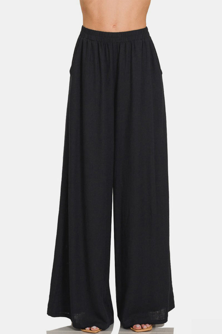 Zenana Pleated Linen Blend Wide Leg Pants-2