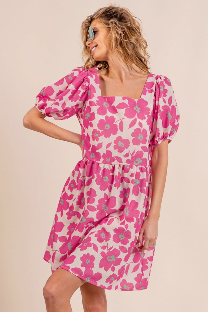 BiBi Printed Square Neck Puff Sleeve Mini Dress-3