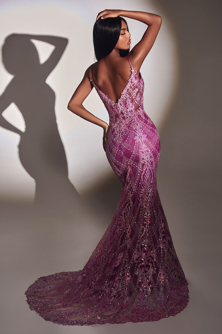 Fitted Glitter Mermaid Shimmer V-neck V-back Elongated Hem Long Prom & Bridesmaid Dress CDCC2168-1