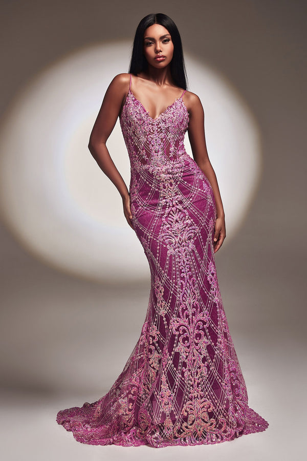Fitted Glitter Mermaid Shimmer V-neck V-back Elongated Hem Long Prom & Bridesmaid Dress CDCC2168-0