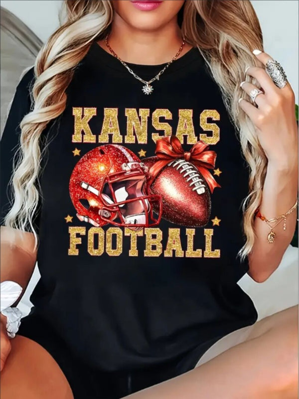 KC, Football Graphic Print T-Shirt - Crew Neck, A Comfortable Women's Short-sleeved Crew Neck T-shirt For Everyday Wear And Stylish Layering