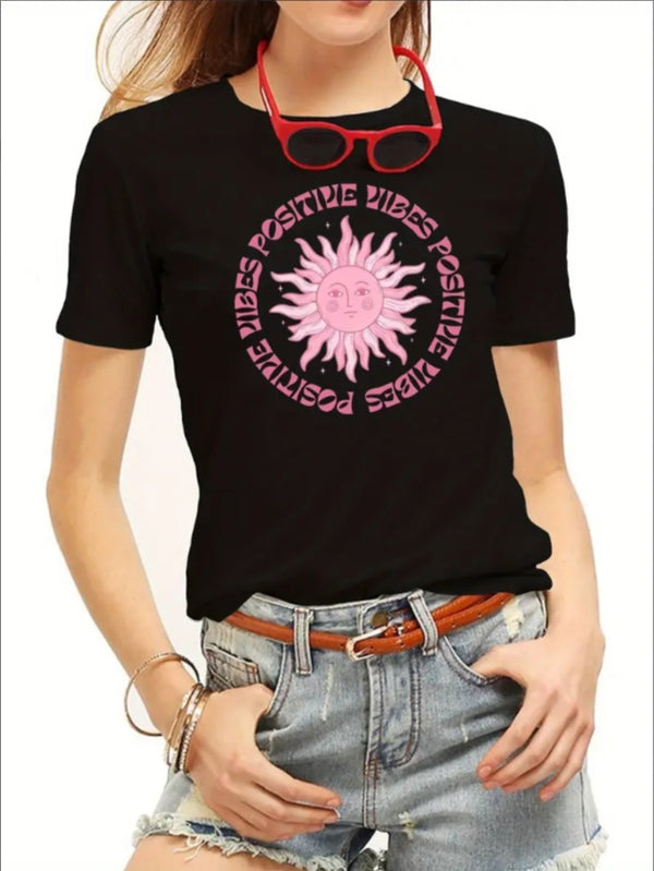 Girls' Casual Sports T-Shirt With Sun Illustration Graphic, Crew Neck, Summer Knit Top