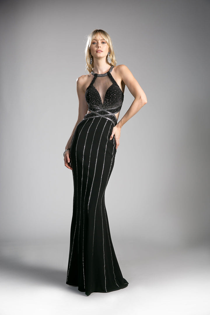 Beaded Sequin Satin Halter Sheath Long Prom Dress CDCD0121-0