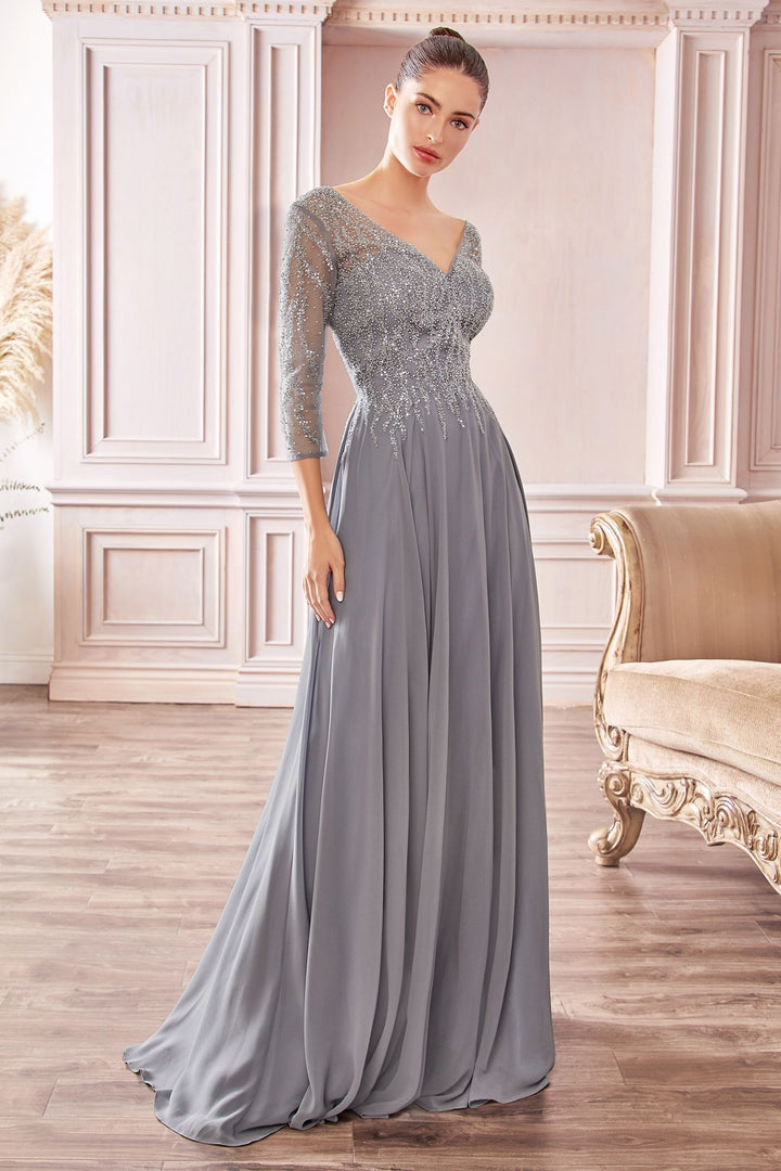 Flowy Chiffon A-line 3/4 Sleeves Embellished Bodice Long Mother Of The Bride Dress CDCD0171-3