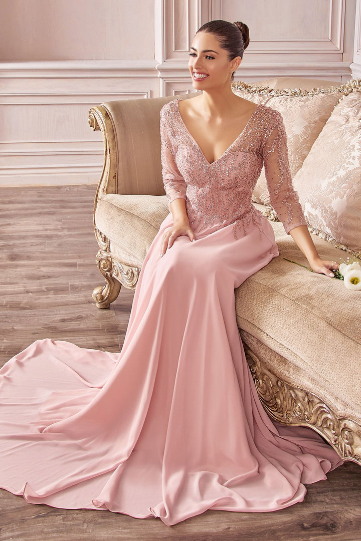 Flowy Chiffon A-line 3/4 Sleeves Embellished Bodice Long Mother Of The Bride Dress CDCD0171-0
