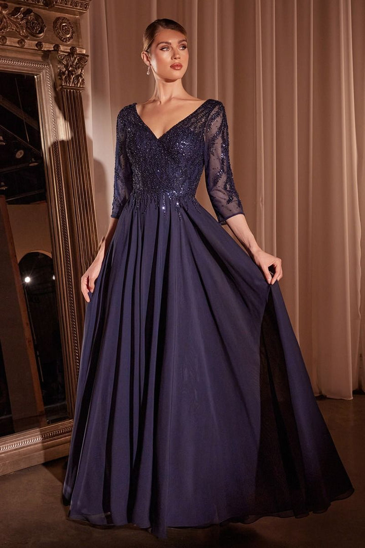 Flowy Chiffon A-line 3/4 Sleeves Embellished Bodice Long Mother Of The Bride Dress CDCD0171-5