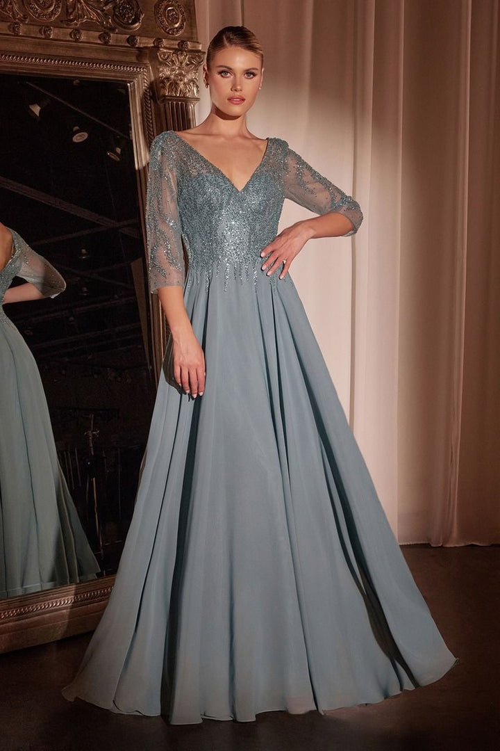 Flowy Chiffon A-line 3/4 Sleeves Embellished Bodice Long Mother Of The Bride Dress CDCD0171-6
