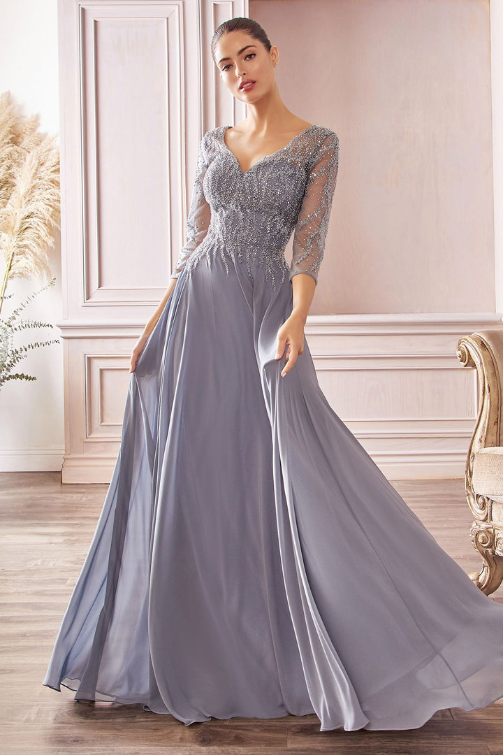 Flowy Chiffon A-line 3/4 Sleeves Embellished Bodice Long Mother Of The Bride Dress CDCD0171-1