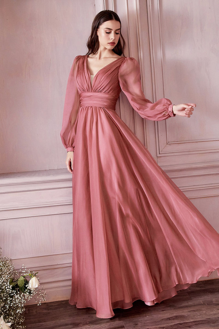 Long Sleeve Chiffon Gathered Fitted Bodice Open Back A-line Long Prom & Ball Dress-6