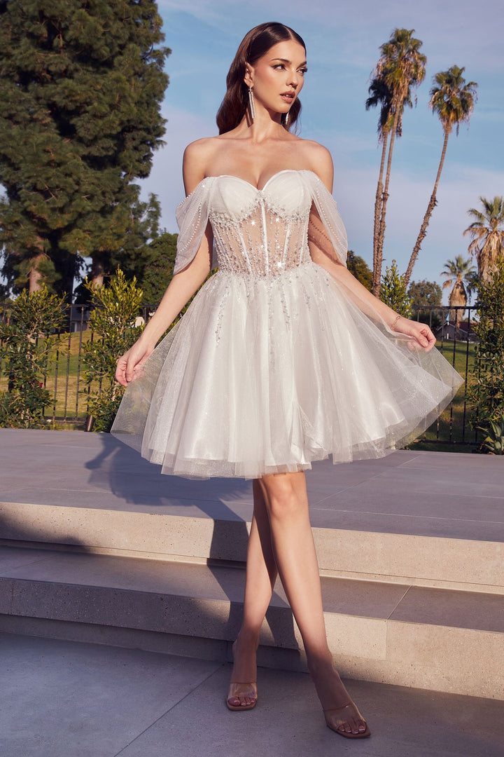 Off The Shoulder Embellished Aline Short Dress-3