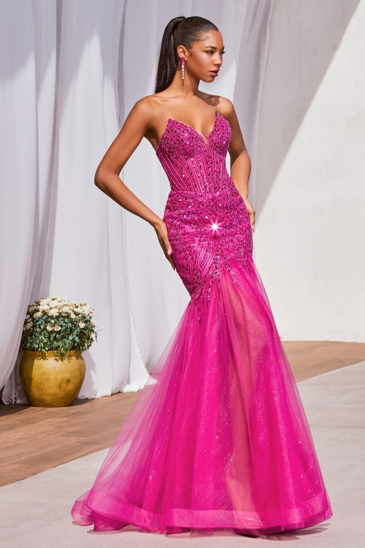 Strapless Embellished Beads Mermaid Tulle Skirt Long Prom Dress CDCD0214-7