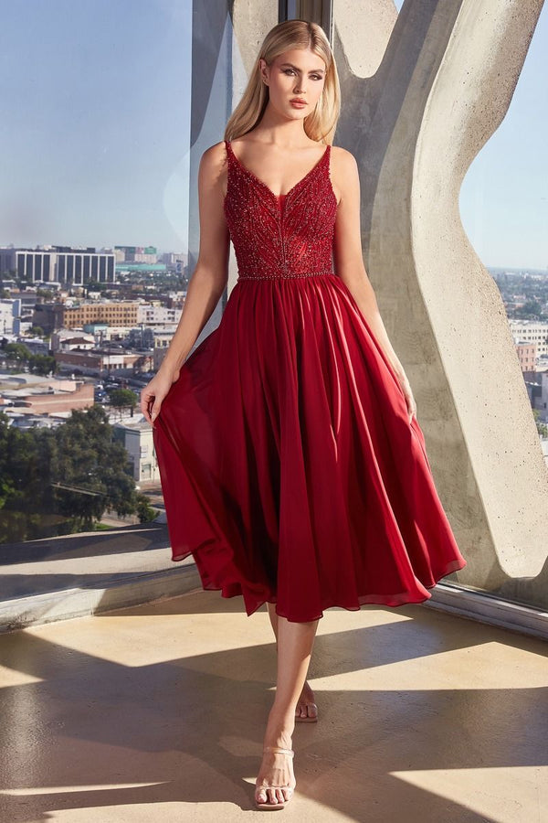Chiffon A-Line V-Neck Embroidered Bodice Midi Evening Dress CDCD0225-0