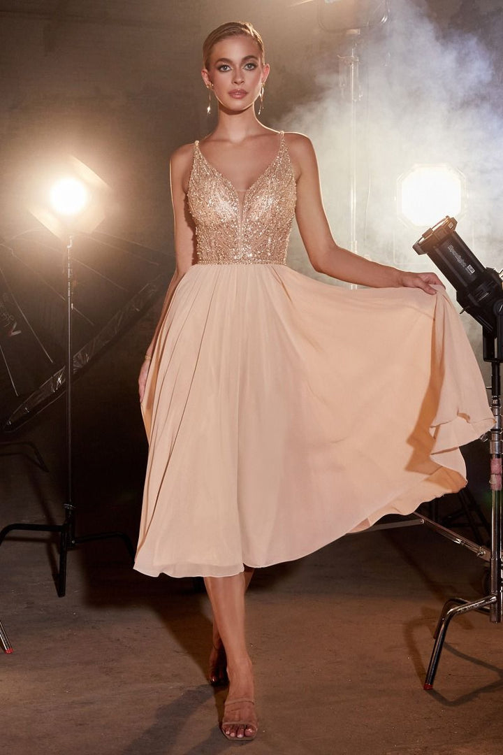 Chiffon A-Line V-Neck Embroidered Bodice Midi Evening Dress CDCD0225-1