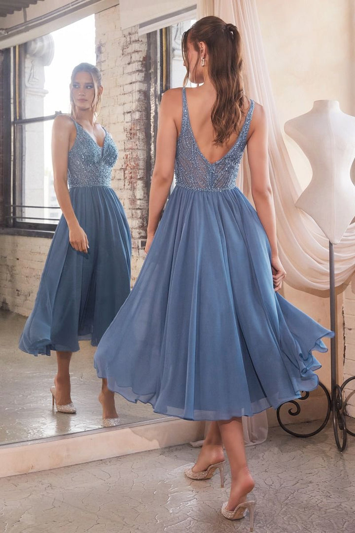 Chiffon A-Line V-Neck Embroidered Bodice Midi Evening Dress CDCD0225-3