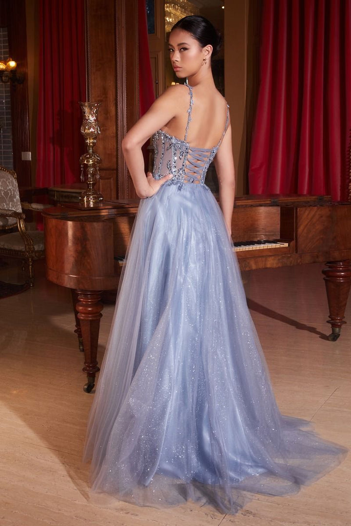 Lace & Tulle A-Line Side Slit Sweetheart Sheer Bodice Long Prom Dress CDCD0234-2