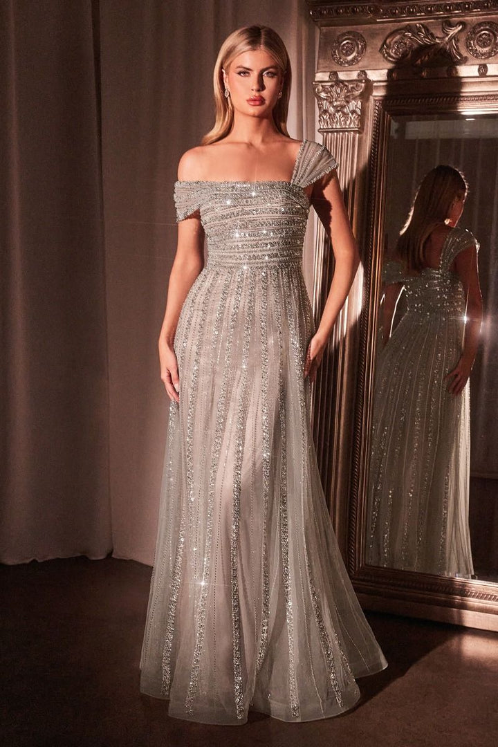 Asymmetrical Off Shoulder A-Line Embellished Beads Long Mother Of The Bride Dress CDCD0238-0