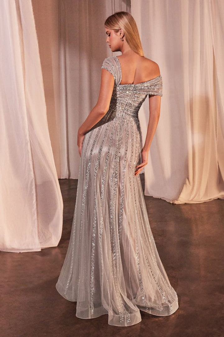 Asymmetrical Off Shoulder A-Line Embellished Beads Long Mother Of The Bride Dress CDCD0238-2