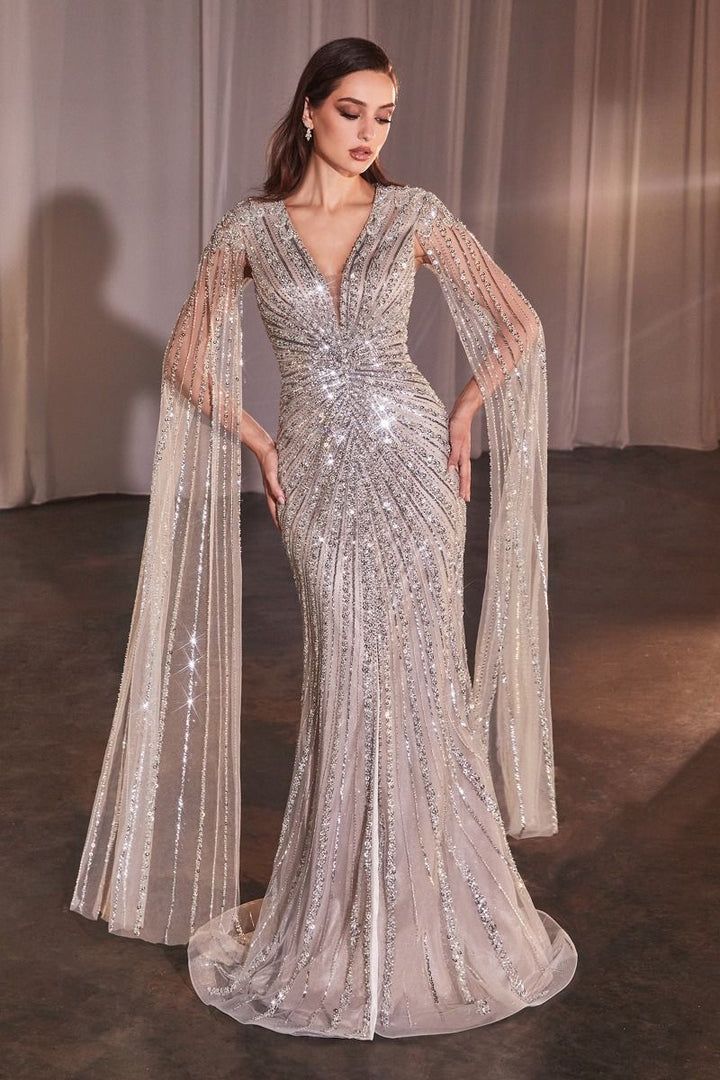 Long Sleeve Fully Beaded Sheath Gown-5