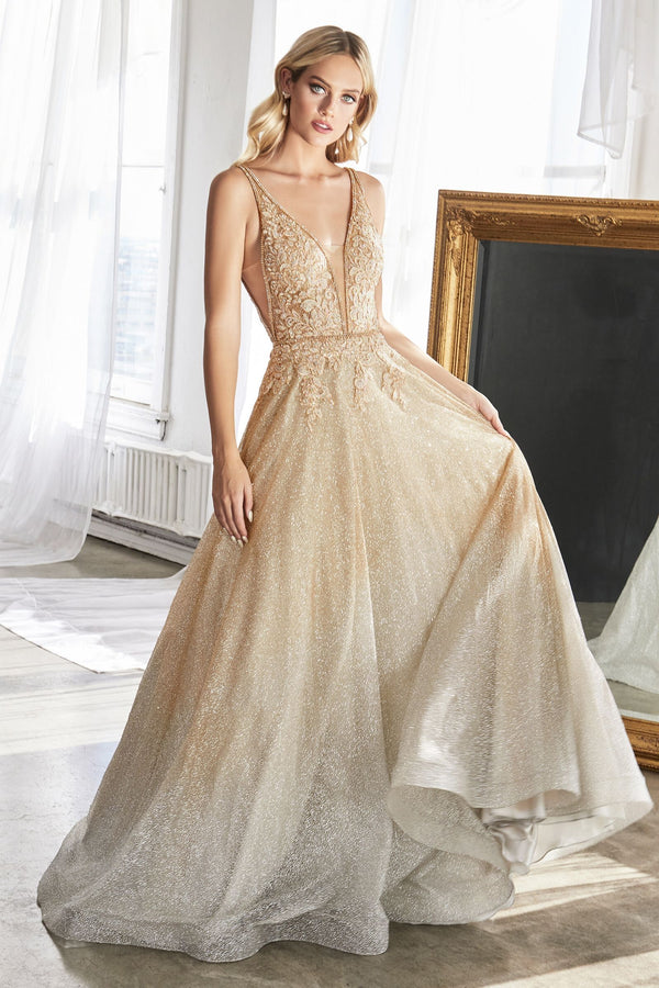 Glitter Ombre Luxury Shimmer Deep V-neck V-back Bodice Long Ball & Prom Dress CDCD208-0