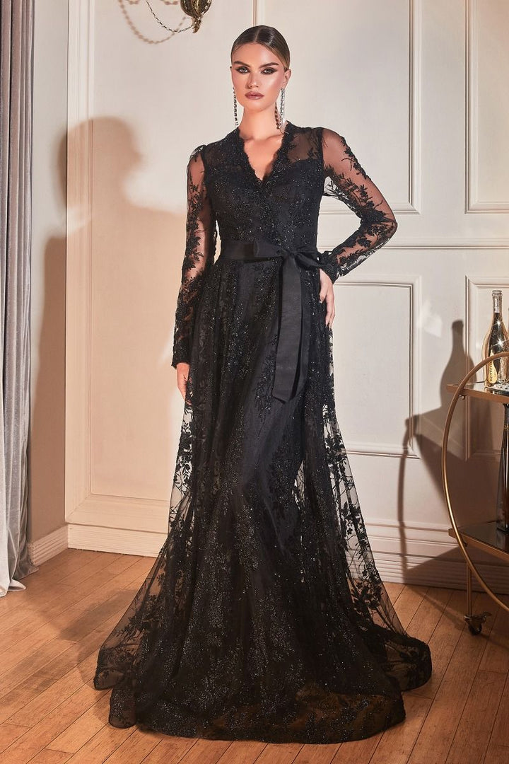Long Sleeve V-neck Embellished Glitter Sequin A-line Long Mother of Bride & Bridesmaid Dress CDCD233-3