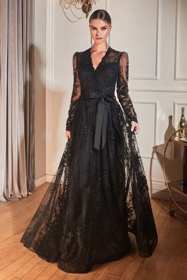 Long Sleeve V-neck Embellished Glitter Sequin A-line Long Mother of Bride & Bridesmaid Dress CDCD233-0