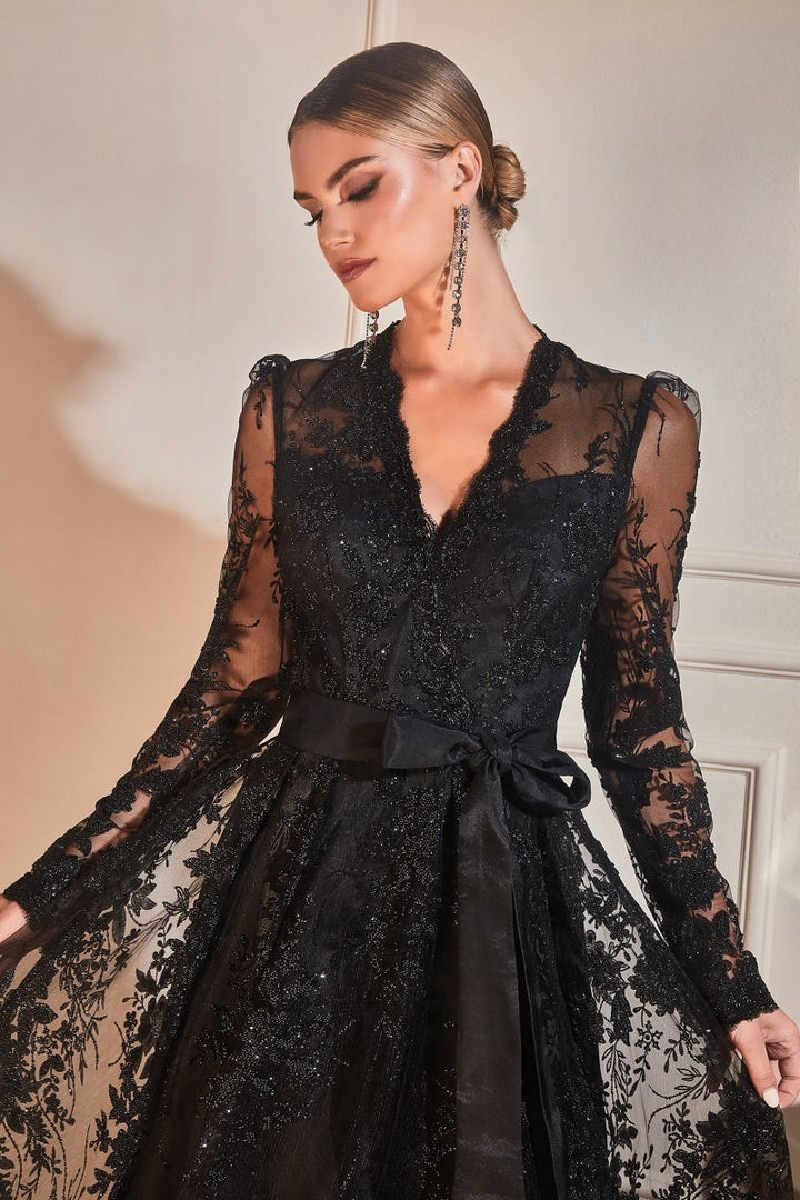 Long Sleeve V-neck Embellished Glitter Sequin A-line Long Mother of Bride & Bridesmaid Dress CDCD233-1