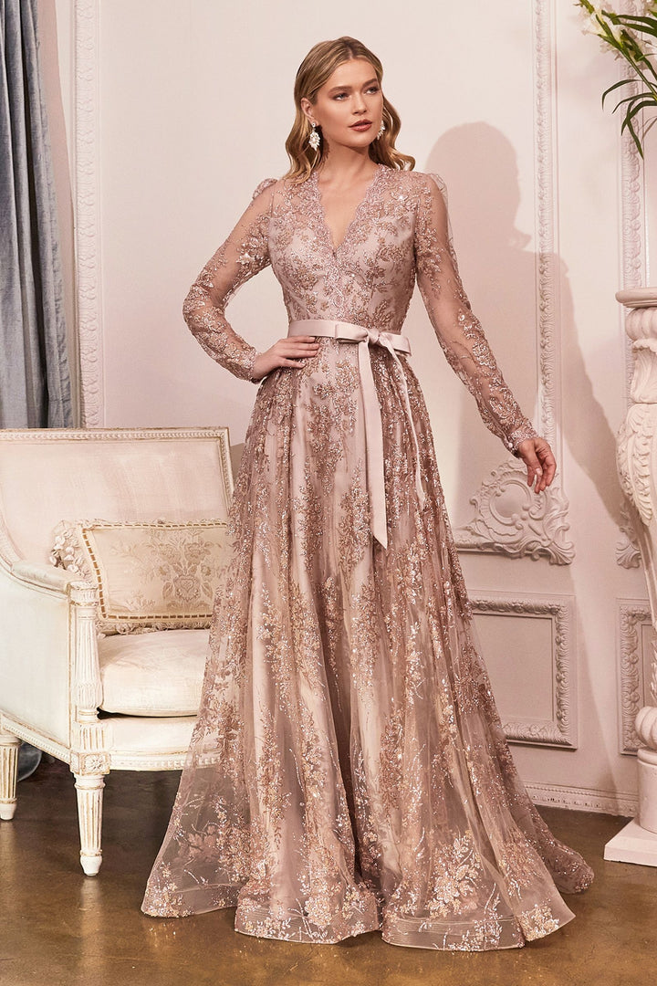 Plus Size Long Sleeve V-neck Glitter Sequin A-line Long Mother of Bride Dress CDCD233C-1