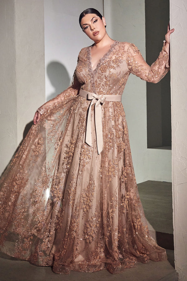 Plus Size Long Sleeve V-neck Glitter Sequin A-line Long Mother of Bride Dress CDCD233C-0
