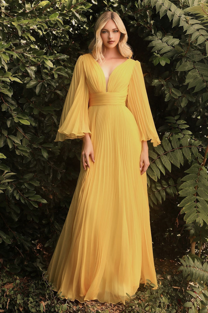 Pleated Chiffon Deep V-Neck Long Sleeves Open Back Long Prom & Bridesmaid Dress CDCD242-7