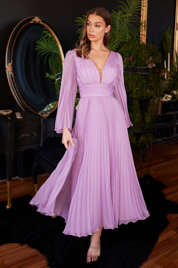 Pleated Chiffon Long Sleeve Tea Length Gown-1