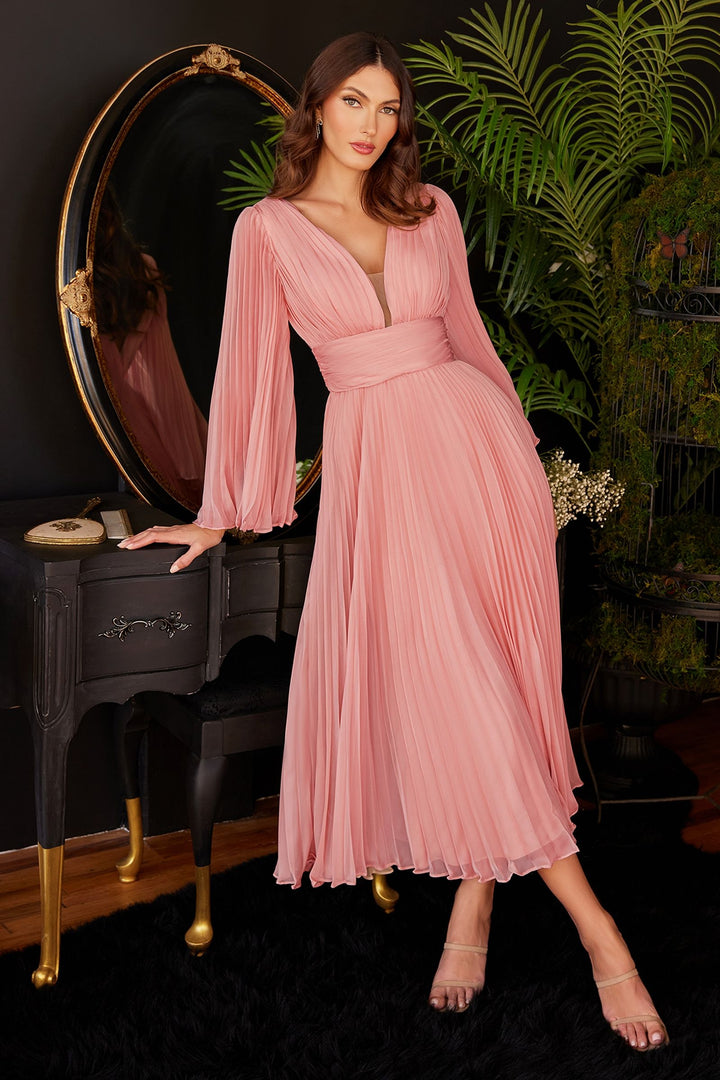 Pleated Chiffon Long Sleeve Tea Length Gown-3