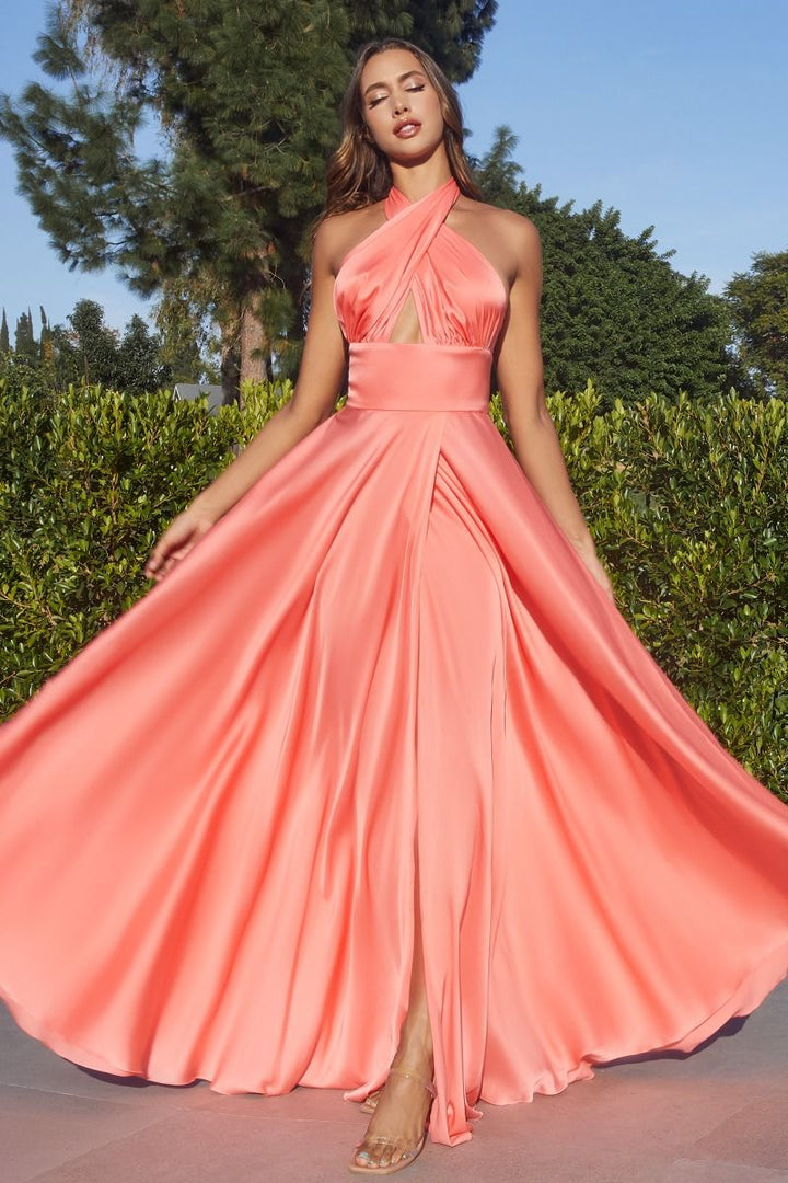 Interchangeable Satin A-Line Halter Side Slit Long Evening Dress CDCD323-1