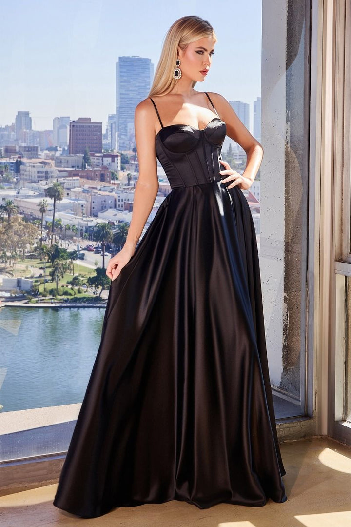A-Line Satin Side Slit Bustier Spaghetti Straps Long Evening Dress CDCD337-5