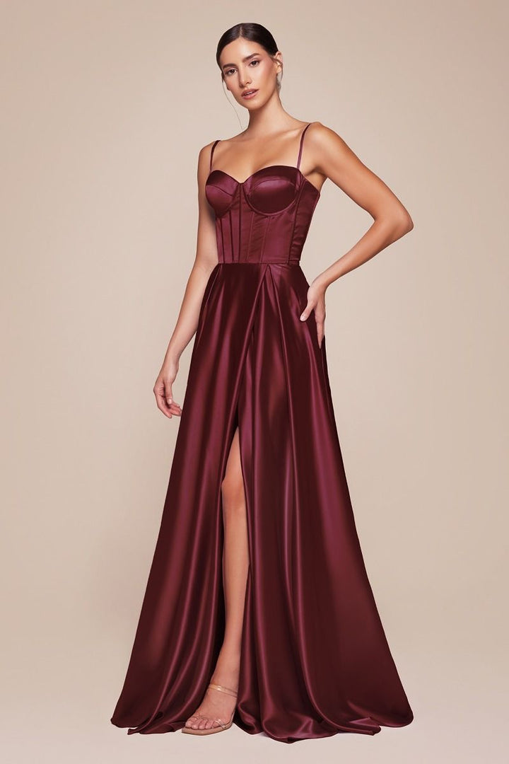 A-Line Satin Side Slit Bustier Spaghetti Straps Long Evening Dress CDCD337-6