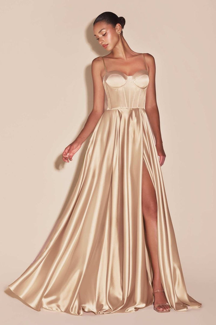 A-Line Satin Side Slit Bustier Spaghetti Straps Long Evening Dress CDCD337-7