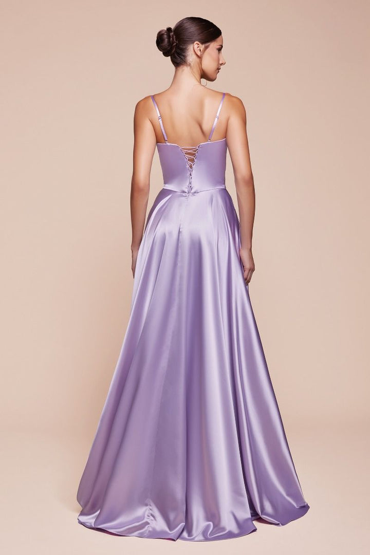 A-Line Satin Side Slit Bustier Spaghetti Straps Long Evening Dress CDCD337-9