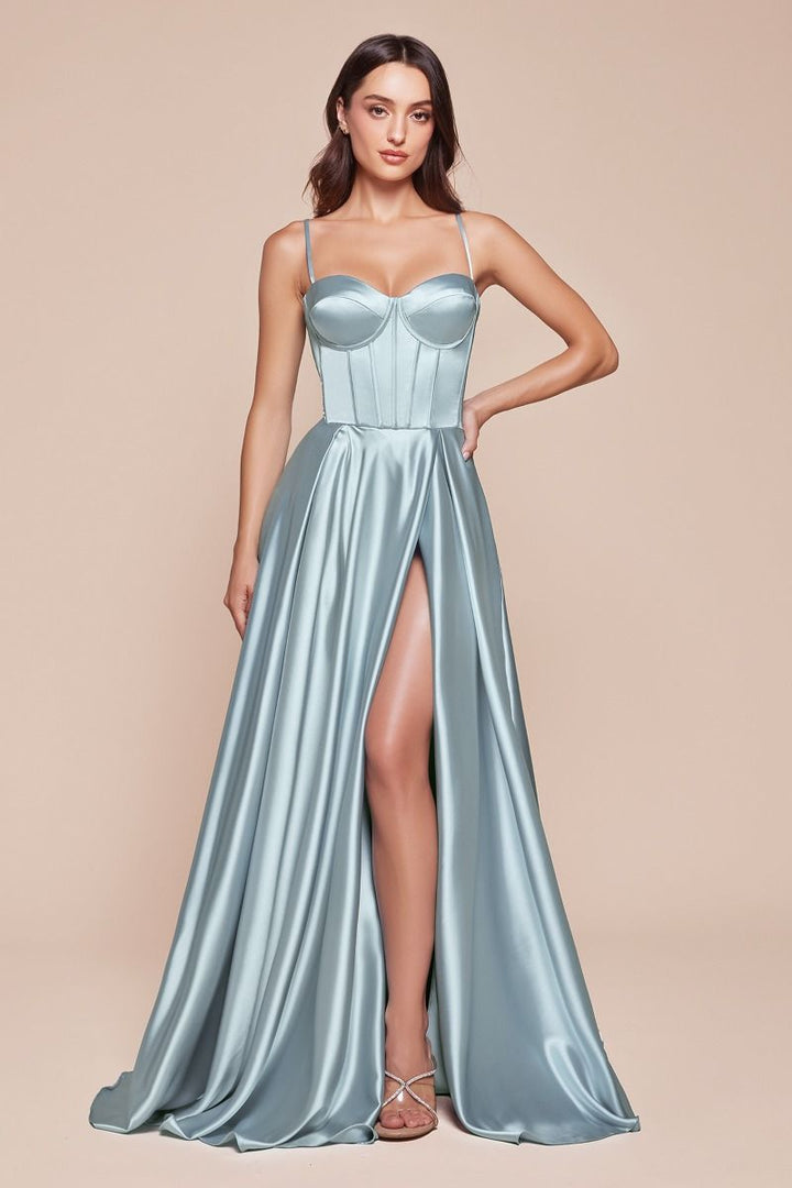 A-Line Satin Side Slit Bustier Spaghetti Straps Long Evening Dress CDCD337-10